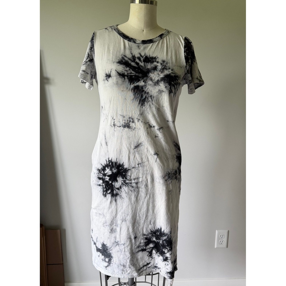 Black and White Tie Dye Short Sleeve Midi T-Shirt Dress Beach Cover Pockets‎ S